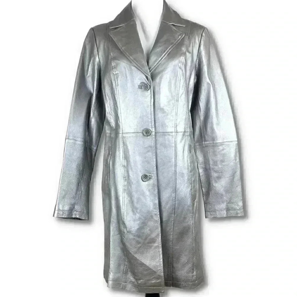 Chadwicks trench coat sz 8T Gray silver pewter metallic 100% leather vintage 90s